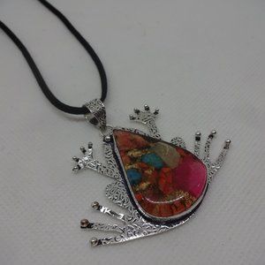 Unique "OYSTER TURQUOISE" Handmade Sterling FROG Pendant/Black Leather #77A